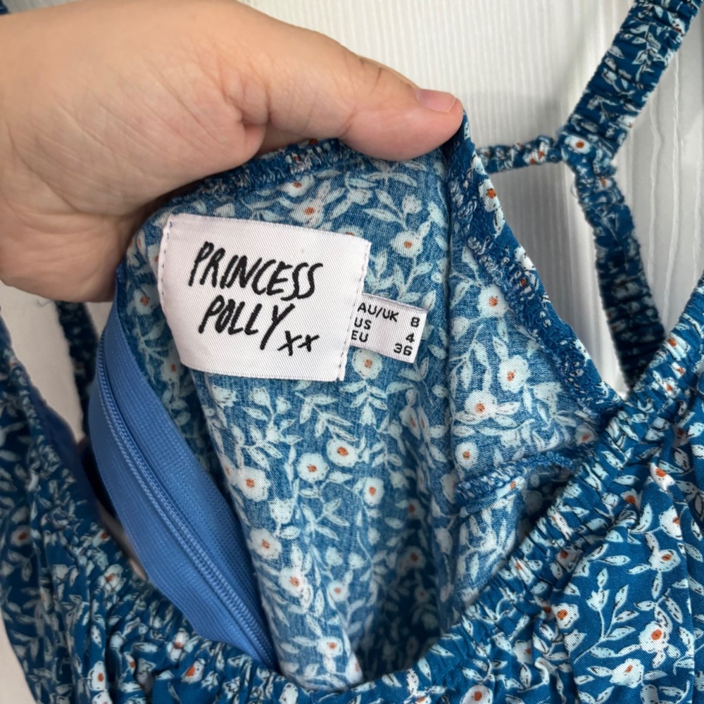 Princess Polly Blue Floral Mini Dress Spaghetti Straps Back Detail‎ - Picture 5 of 5